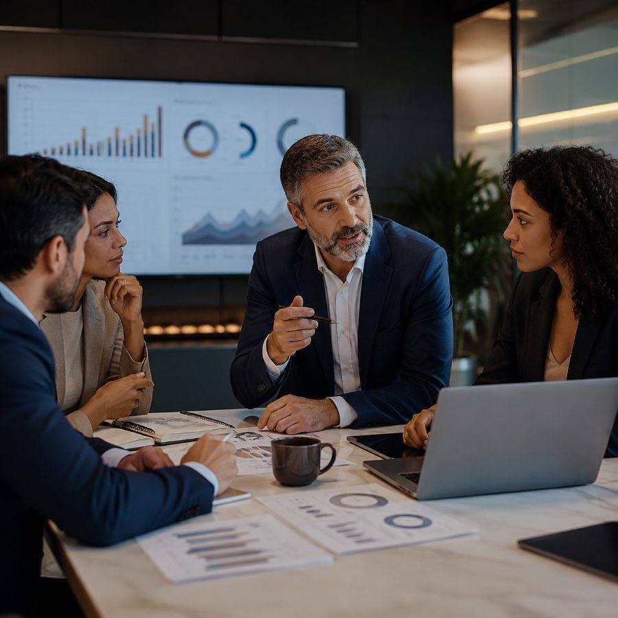Consultor apresentando indicadores de vendas para a equipe