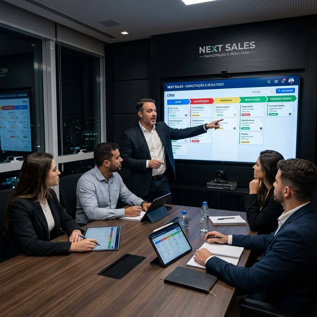 Equipe acompanhando o funil da plataforma de vendas em uma tela